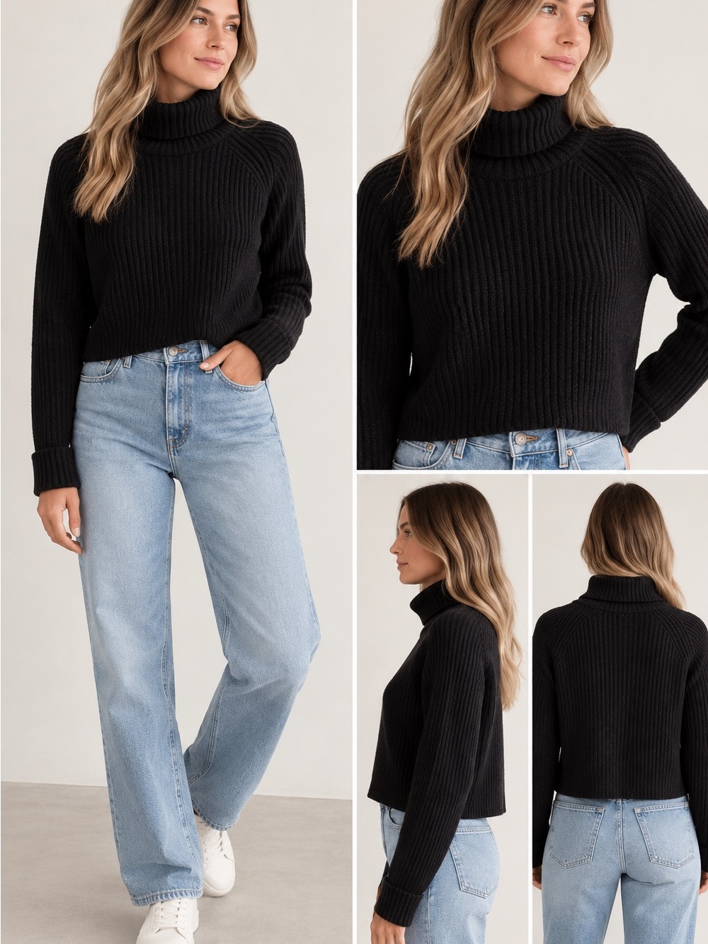 Aritzia Wilfred Free 100% Merino Wool Black Cropped Turtleneck Sweater M